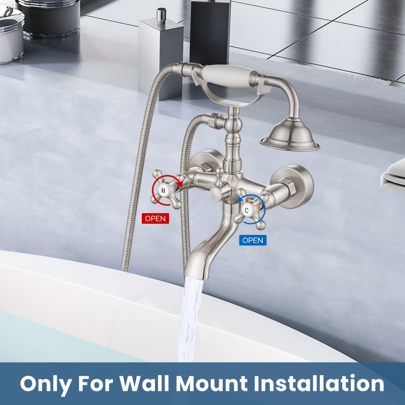 Airuida Wall Mount Bathtub Shower Faucet Kit with Telephone Shaped Handheld Sprayer Double Hot and Cold Water Mixer Tap Wall Mounted Tub Filler Set Vintage Style Cross Handles Brushed Nickel - Image 3